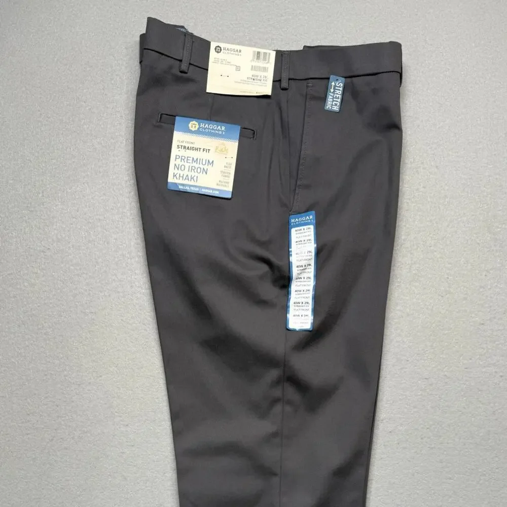 Haggar Men’s No Iron Straight-Fit Flat-Front Pants Dark GREY 40x29 $70
